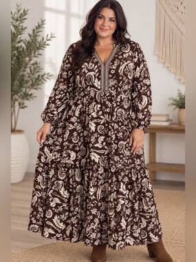Rusty Dusty Boho Paisley Floral Tiered Maxi Dress – 1X